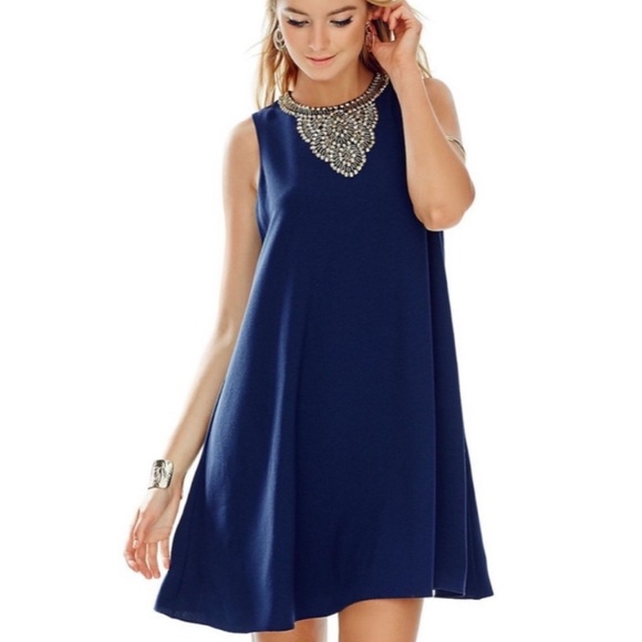 Lilly Pulitzer Dresses & Skirts - Lilly Pulitzer Navy Blue Swing Dress with Gold Beading at Neck. Size Medium.